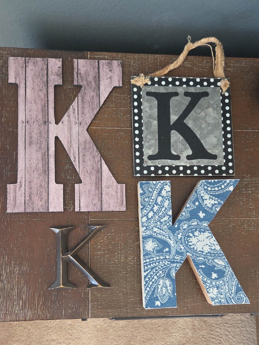 Set of 4 Decorative Letter K Wall Art, Three Wood, One Metal